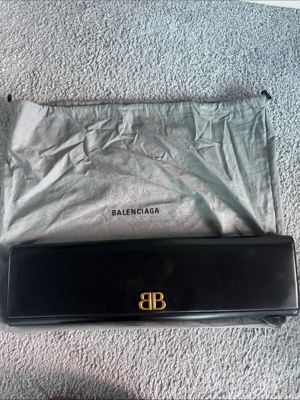 Balenciaga Black Leather BB Logo Clutch with Gold Hardware